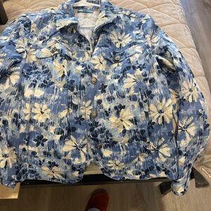 Floral Blue and White Denim Jacket